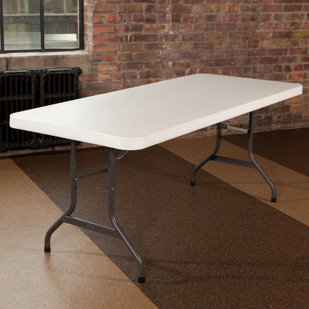 6-Foot White Granite Rectangular Folding Table with Steel Frame