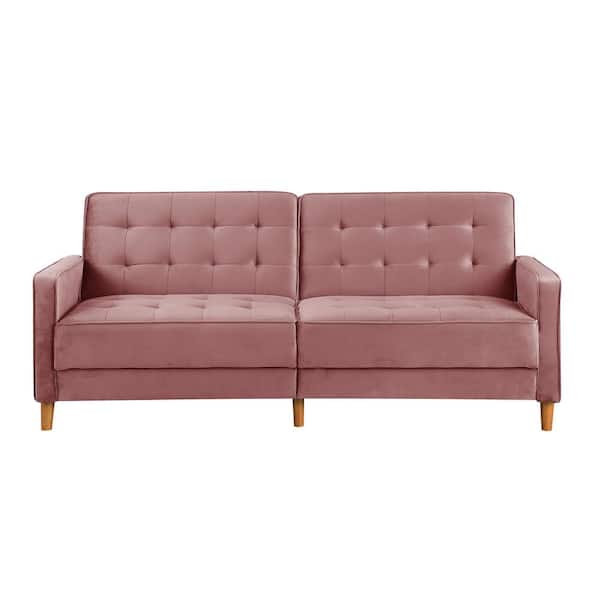 ATHMILE 78 in. Pink Velvet Upholstered Twin Size Square Arms Sofa Bed with Tufted Back