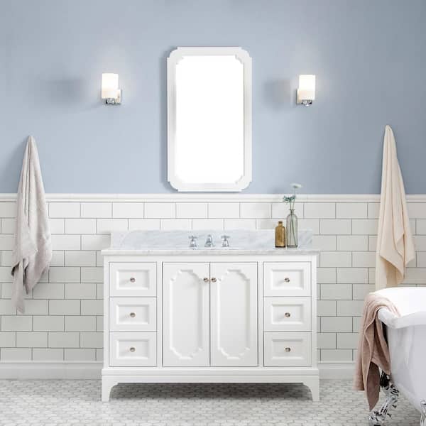 Water Creation Queen 48 in. W x 22 in. D Bath Vanity in Pure White with Marble Bath Vanity Top in White with White Basin and Mirror