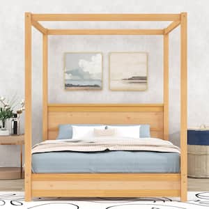 Contemporary Natural (Brown) Wood Frame Queen Size Canopy Bed with Headboard, Footboard and Slat Support Legs