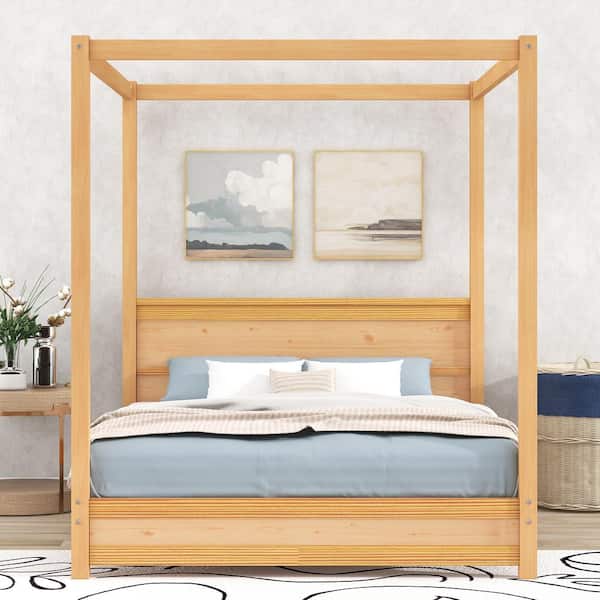 Harper & Bright Designs Contemporary Natural (Brown) Wood Frame Queen Size Canopy Bed with Headboard, Footboard and Slat Support Legs