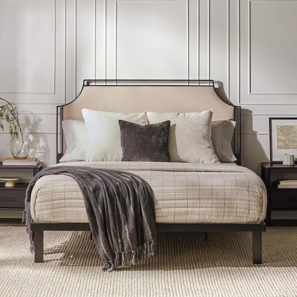 Walker Edison Furniture Company Transitional Beige Metal Frame Queen Platform Bed with Upholstered Headboard
