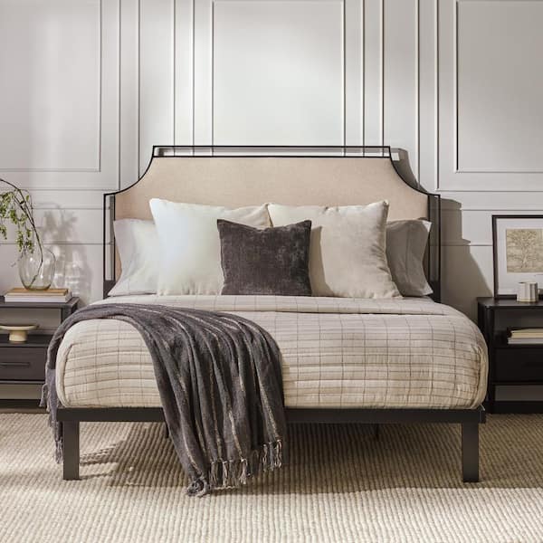 Welwick Designs Transitional Beige Metal Frame Queen Platform Bed with Upholstered Headboard