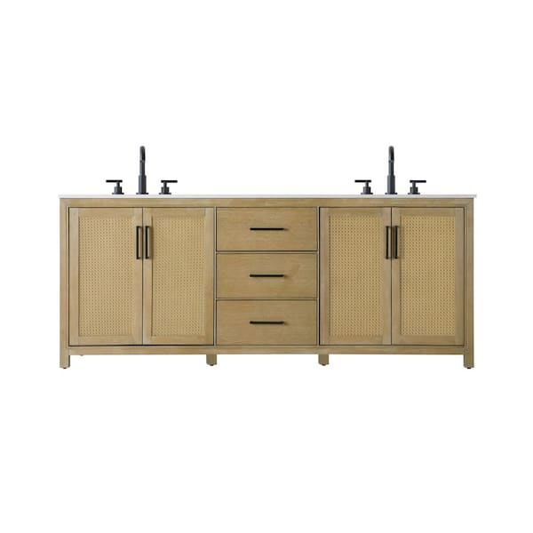 84 in. Double Sink Linen Oak Bath Vanity with White Engineered Marble Top