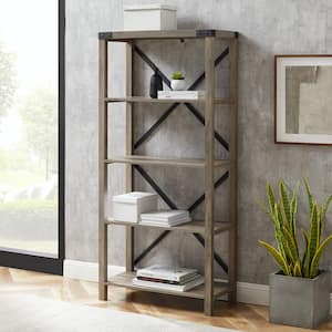 64 in. Gray Wash Wood 4-shelf Etagere Bookcase with Open Back