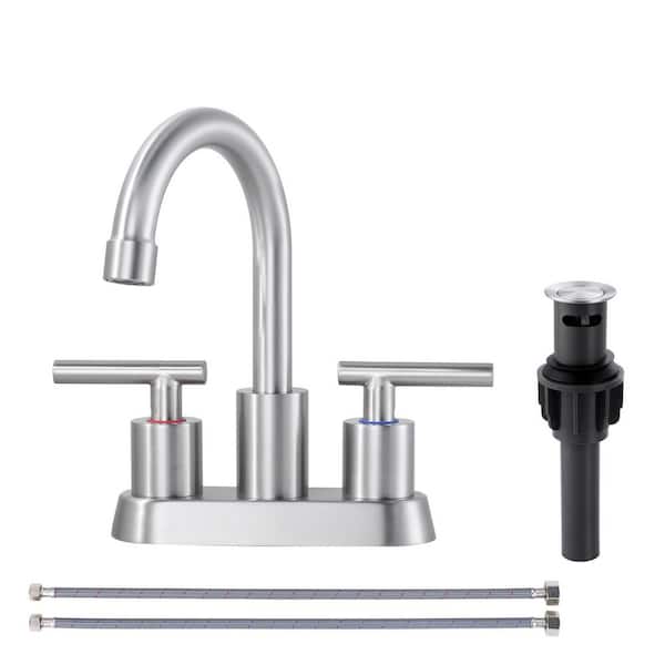 AVITAS 4 in. Centerset Double Handle High Arc Bathroom Faucet with with Pop Up Drain and Water Supply Hoses in Bruhsed Nickel