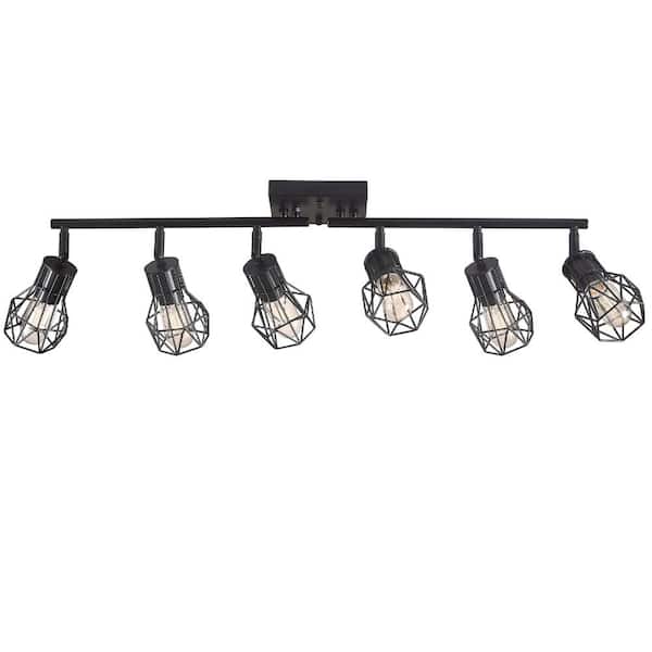 6-Light Matte Black Farmhouse Track Lighting with Adjustable Metal Cage Heads for Kitchen, E26 Sockets