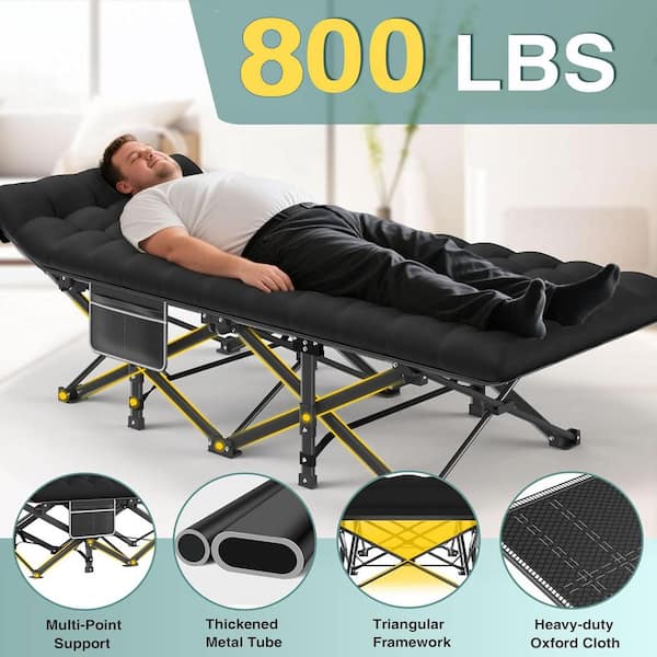 Outdoor Folding Cots for Camp with Carry Bag Portable Sleeping Camping Cot, Black Bed Plus Black Pad