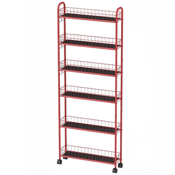 6-Tier Rolling Kitchen Slim Cart, Storage Tower Rack with Wheels, 6 Baskets for Kitchen, Bathroom, Laundry in Red