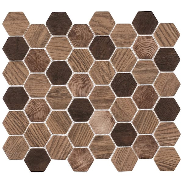 Terrain Walnut Brown 2-in. Hexagon Honeycomb Wood Look Matte Glass Wall and Floor Mosaic Tile (5 sq. ft./Case)
