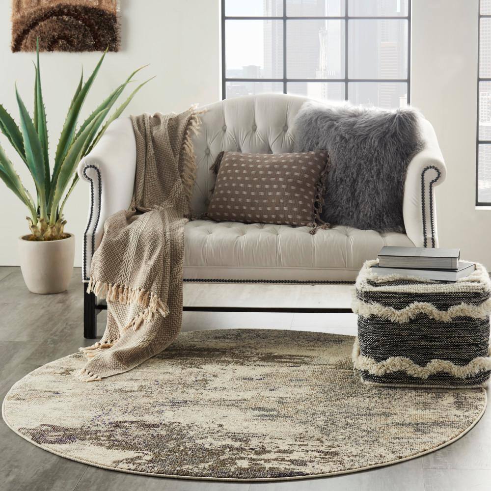 Ivory and Grey Abstract Round Hand-knotted Area Rug