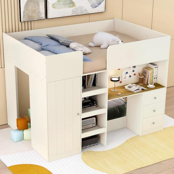 Qualler Beige Full Loft Bed with Wardrobe, Desk and Shelves