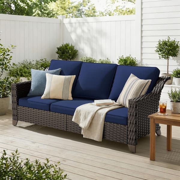 Wicker Outdoor Patio Sectional Sofa with Thick Deep Blue Cushions