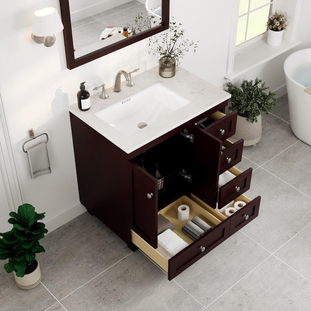 Acclaim 30" Teak Bathroom Vanity with White Quartz Top