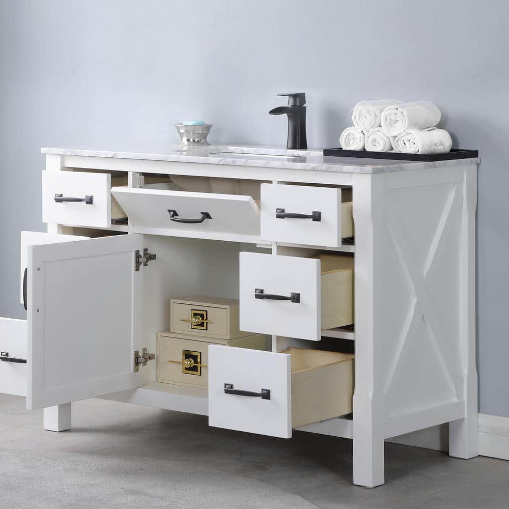 Maribella 48" White Marble Single Vanity with Black Hardware