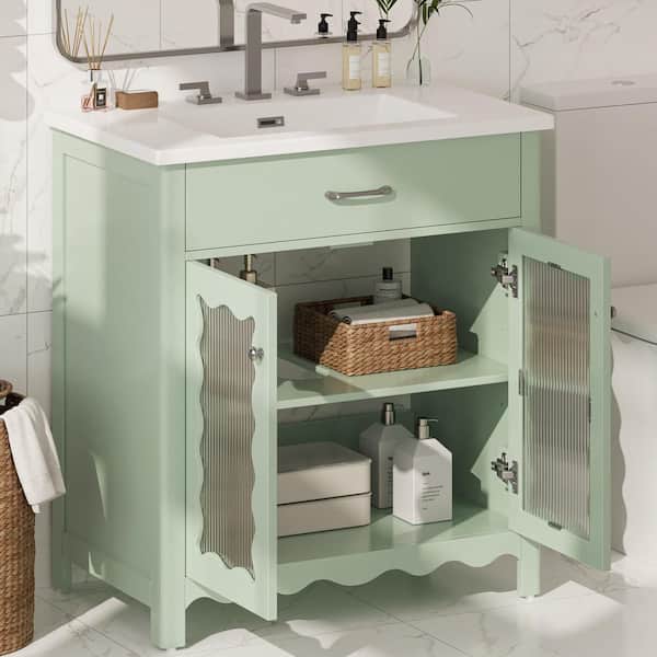 31 in. Freestanding Green Bath Vanity with White Ceramic Top, Bathroom Storage Cabinet with Adjustable Shelf Unassembled