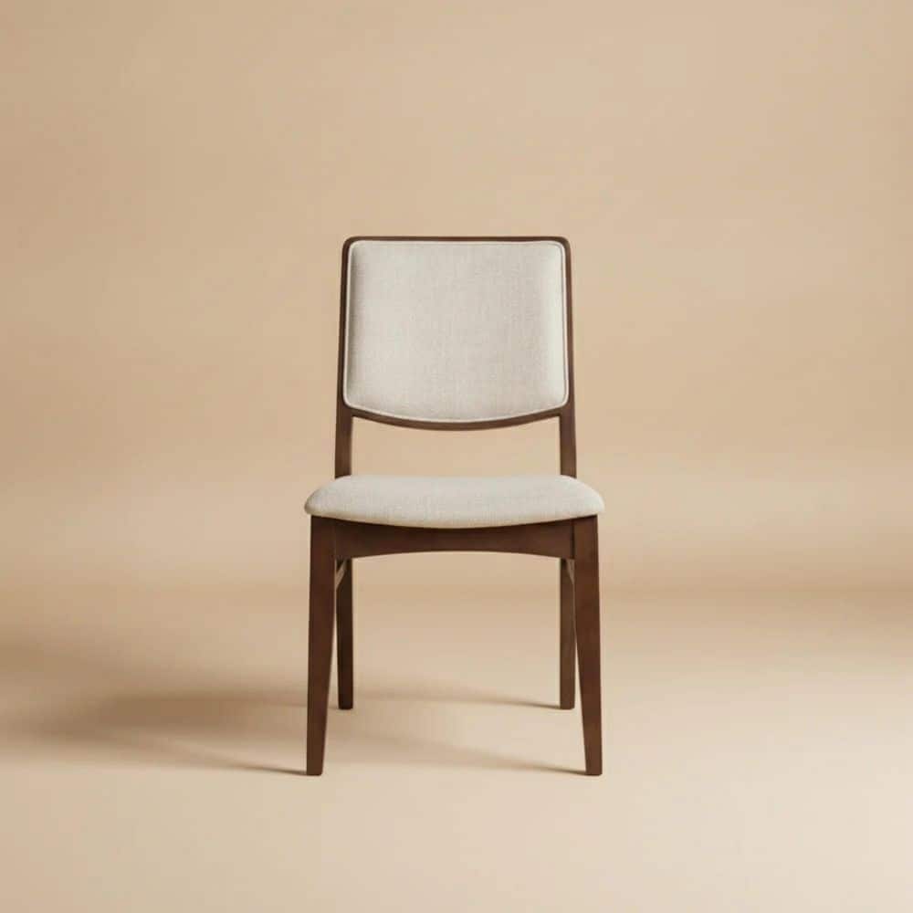 Louis Mid-Century Modern Beige and Brown Linen Upholstered Dining Chair, Solid Wood Legs (Set of 2)