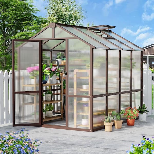 6 ft. W x 8 ft. D Wooden Polycarbonate Greenhouse with Lockable Door and Adjustable Vent, Greenhouse with for Outdoor