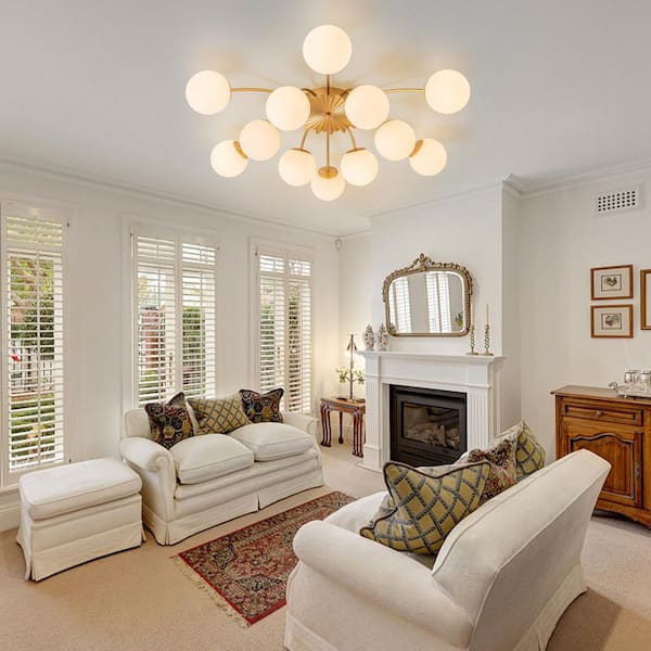 Ceder 39.4 in. W 12-Light Brushed Gold Modern Sputnik Semi-Flush Mount Chandelier w/ Globe Opal Glass and Flower Accent