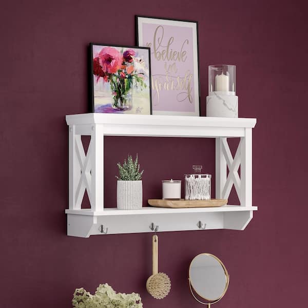 RiverRidge Home Amery 2-Tier Ladder Wall Shelf with Hooks, White