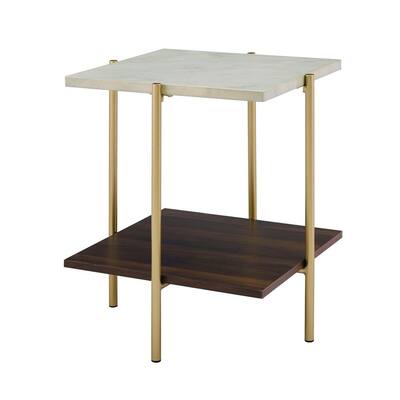 Mid Century Modern Square Side Table - Faux White Marble/Dark Walnut/Gold