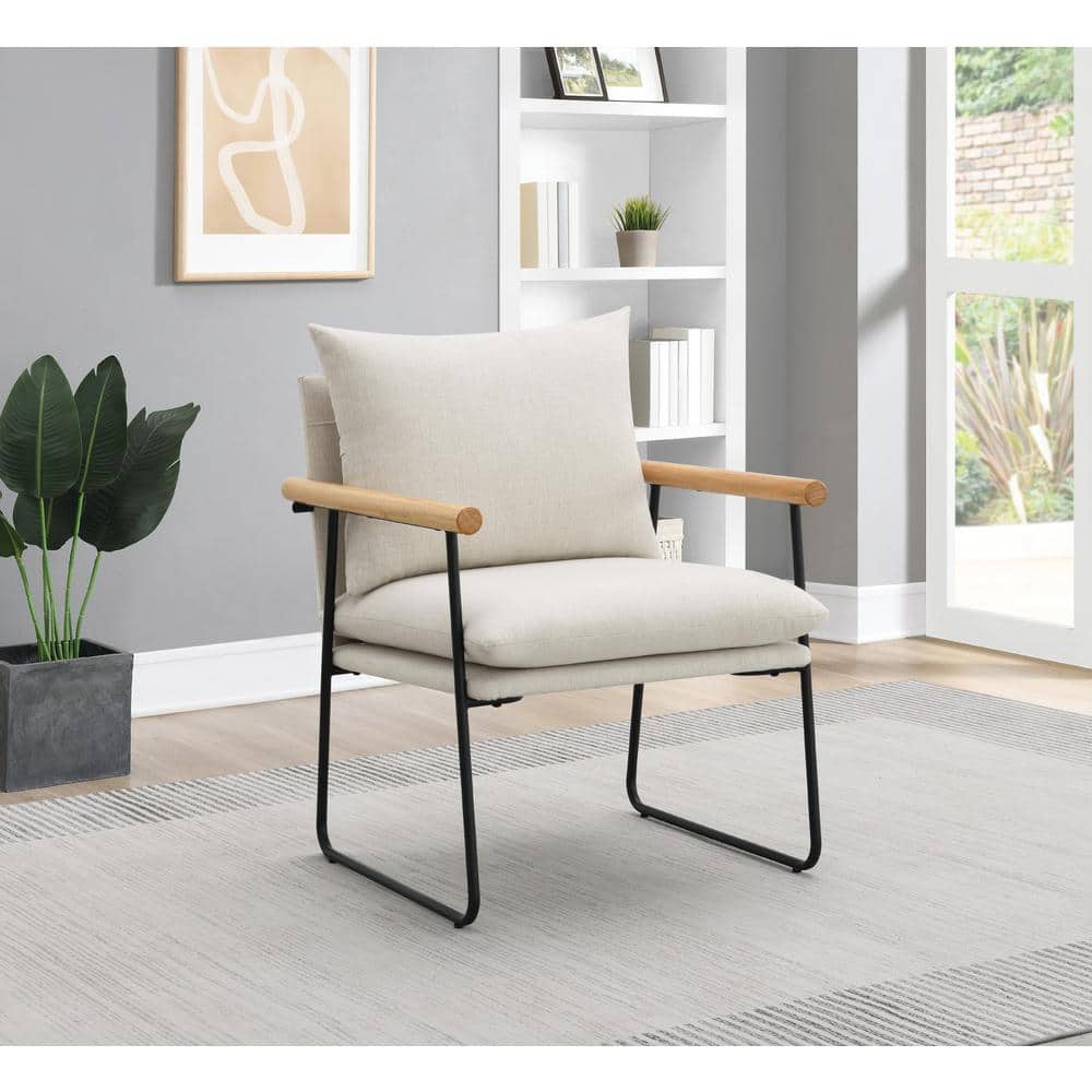 Ivory Barrel Accent Chair with Metal Frame and Wooden Arms