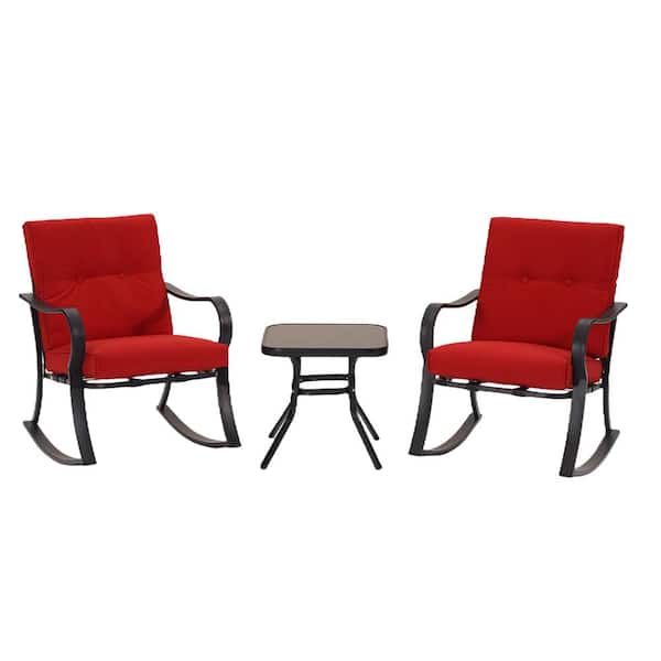 SUNRINX 3-Piece Patio Metal Outdoor Rocking Chair Set with Cushion (Red)