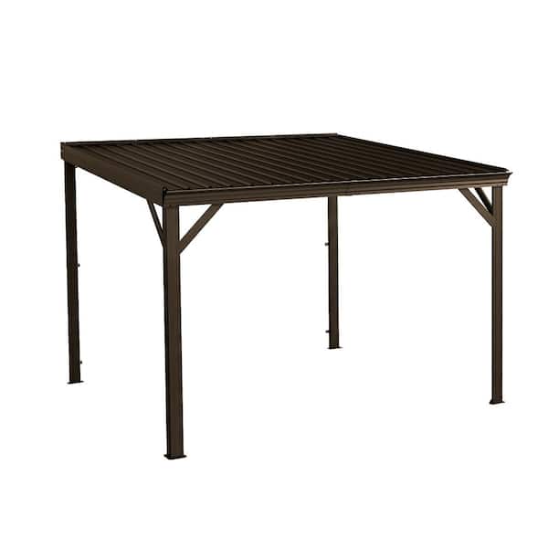 10 ft. x 10 ft. Brown Hardtop Wall Mounted Gazebo with Sloping Galvanized Steel Roof, Drainage System