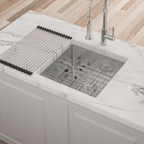 17 in. Undermount Single Bowl 16 Gauge Brushed Nickel Stainless Steel Kitchen Sink with Bottom Grids