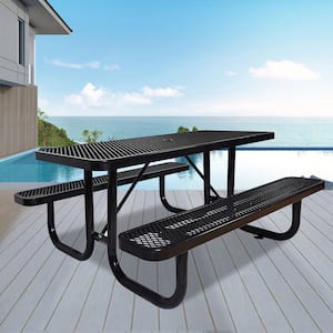6 ft. Black Rectangular Outdoor Steel Picnic Table with Seat and Umbrella Pole