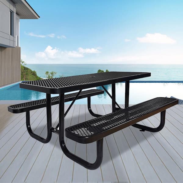 Cesicia 6 ft. Black Rectangular Outdoor Steel Picnic Table with Seat and Umbrella Pole