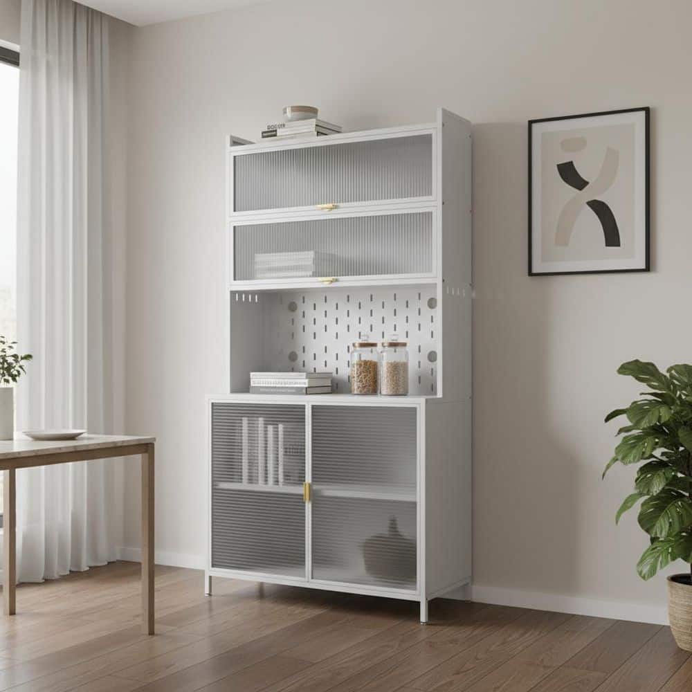 Tennant Series White 20-Bottle 32 in. W Kitchen Pantry with Pegboard Back and Fluted Glass Doors