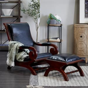 Black Upholstered Leather Teak Wood Accent Chair with Ottoman with Scrollwork Arms and High Back