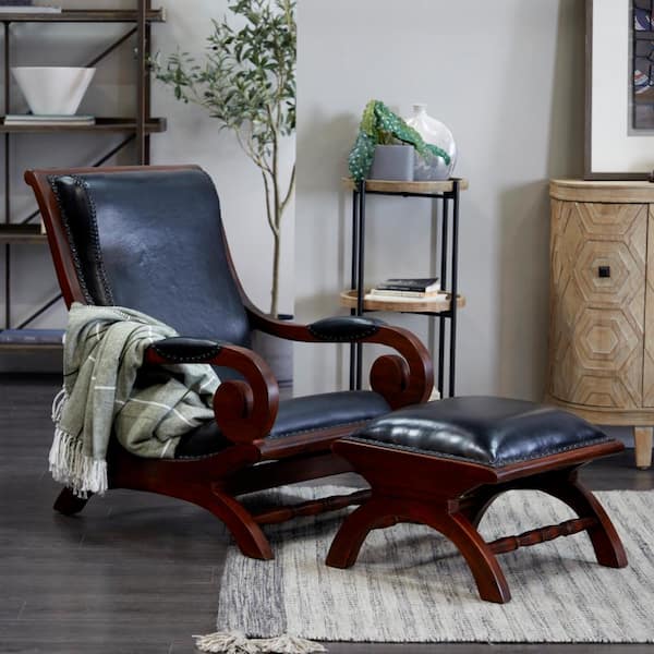 Litton Lane Black Upholstered Leather Teak Wood Accent Chair with Ottoman with Scrollwork Arms and High Back