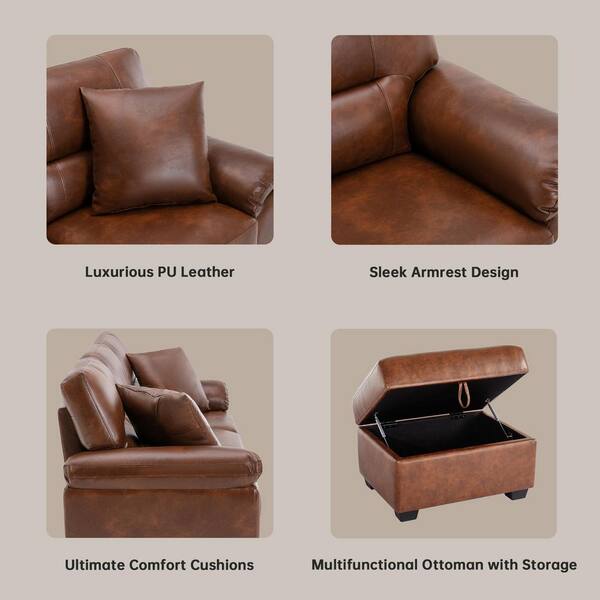 Morden Fort 3-Pieces Glam Mid-Century Couch Brown Faux Leather