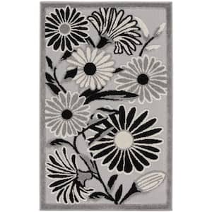 Aloha Black White 3 ft. x 4 ft. Wild Flower Botanical Contemporary Indoor/Outdoor Area Rug