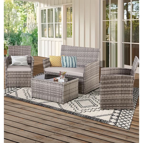 Modern PE Wicker Patio Furniture Set 4-Piece Outdoor Sectional Sofa Set with Gray Cushions, 2-Chairs, Loveseat and Table