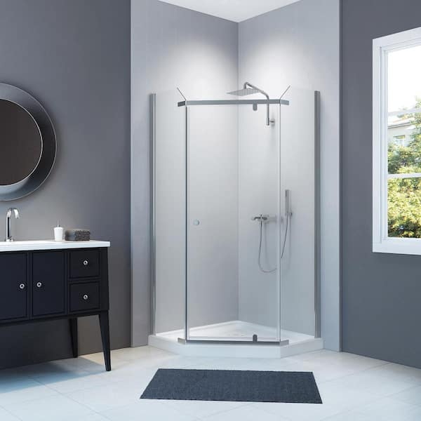 A&E Malani 38.5 in. x 65 in. Neo-Angle Frameless Pivot Shower Door and Base Kit with Clear Glass in Chrome