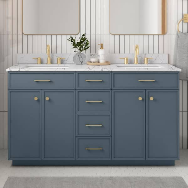 Marcote 60 in. Double Sink Freestanding Slate Blue Bath Vanity with Venato Engineered Stone Top (Assembled)