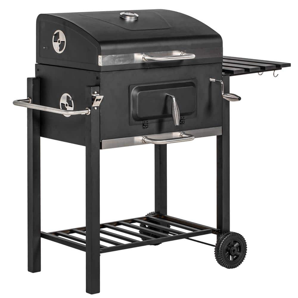 Portable Charcoal Outdoor BBQ Grill in Black with with Side Table, Bottom Storage Shelf, Wheels and Handle
