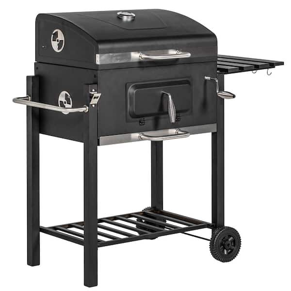 ITOPFOX Portable Charcoal Outdoor BBQ Grill in Black with with Side Table, Bottom Storage Shelf, Wheels and Handle