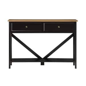 48 in. Rustic Oak/Black Solid Wood Farmhouse 2-Drawer Console Table with Lower Shelf