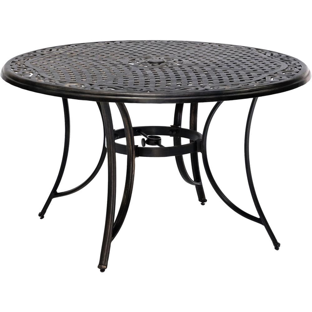 Fontana Bronze 48" Round Cast-Top Table with Tan Sling Swivel Chairs
