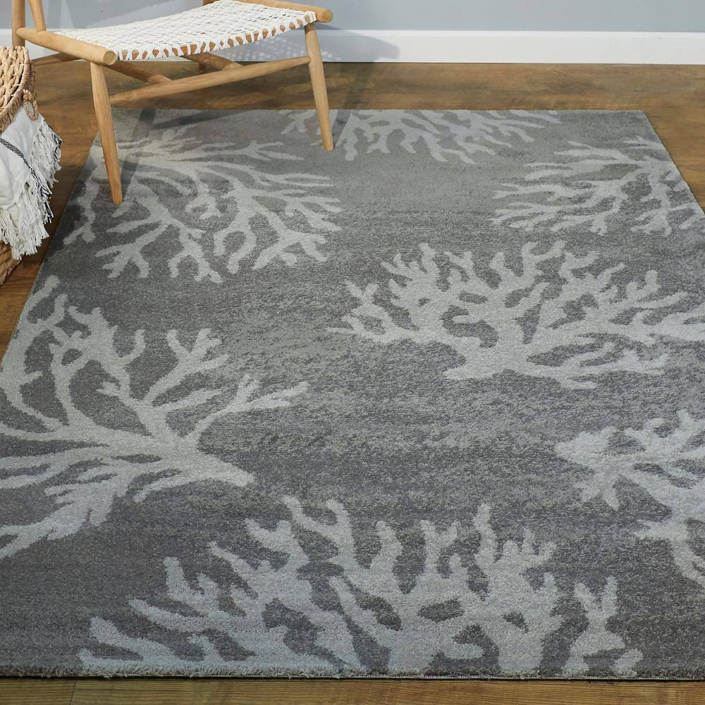 Medium Grey Coastal Coral Print 8' x 10' Synthetic Area Rug