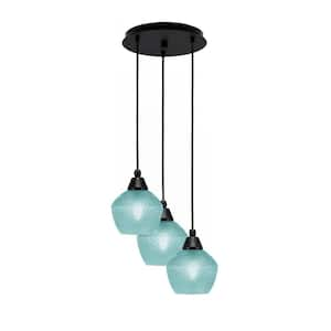 Savannah 9 in. 3-Light Matte Black Cord Pendant Light Turquoise Textured Glass Shade