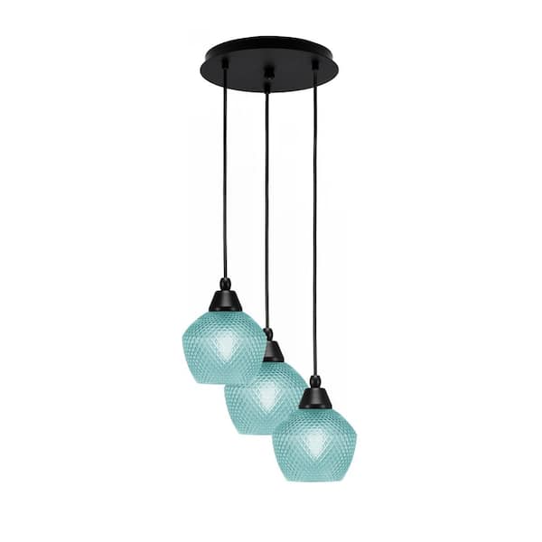 Unbranded Savannah 9 in. 3-Light Matte Black Cord Pendant Light Turquoise Textured Glass Shade