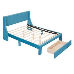 Blue Wood Frame Full Velvet Upholstered Platform Bed with Drawer
