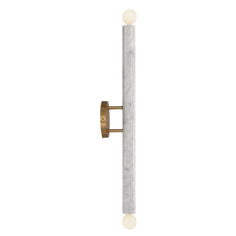 White Marble and Warm Brass 2-Light Dimmable Wall Sconce