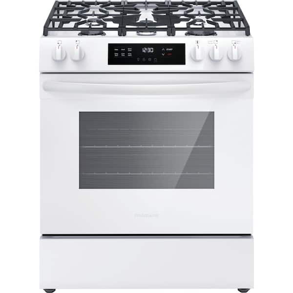 Frigidaire 30 in. 5 Burners Slide in Front Control Gas Range with Steam Clean in White
