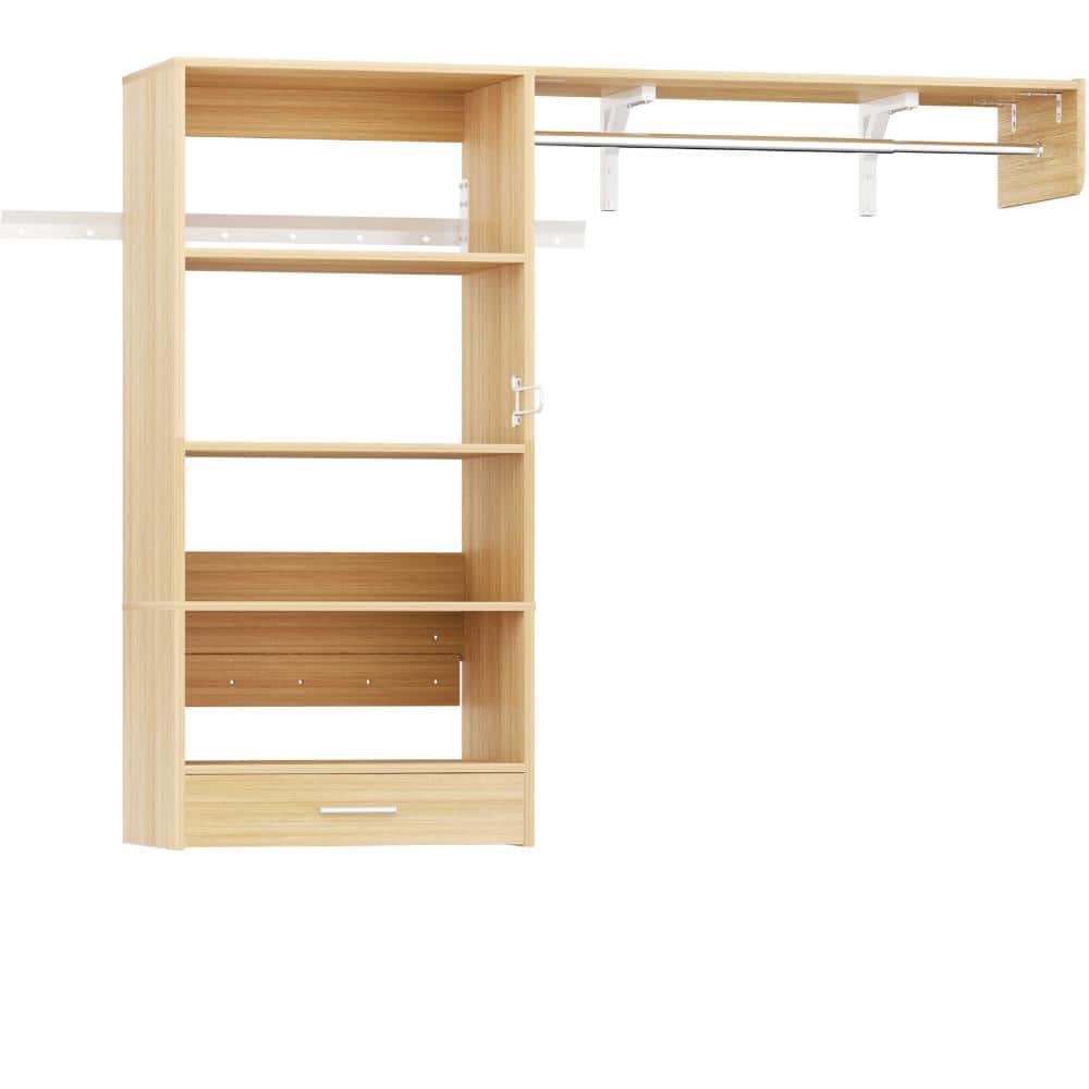 60 in. W Natural Tower Wall Mount 6-Shelf Wood Closet System With 1 Pull-Out Towel Rack 1 Hanging Rod